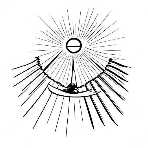 Icarus falling backwards from the sky. In the Background is the sun. His wings are bend in a circle. tattoo design idea