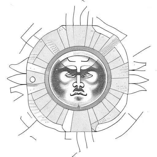 Icarus falling from the sky. His wings are in a round shape. The backround is a minimalist sun. tattoo design idea