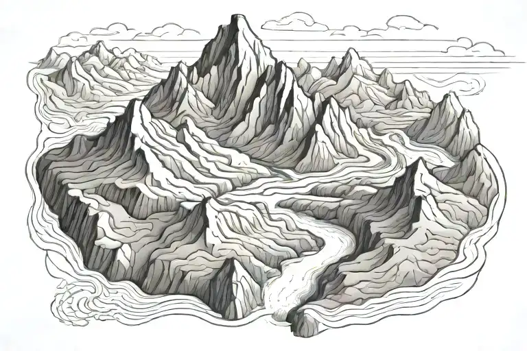 topographic map mountain landscape with river flowing tattoo design idea
