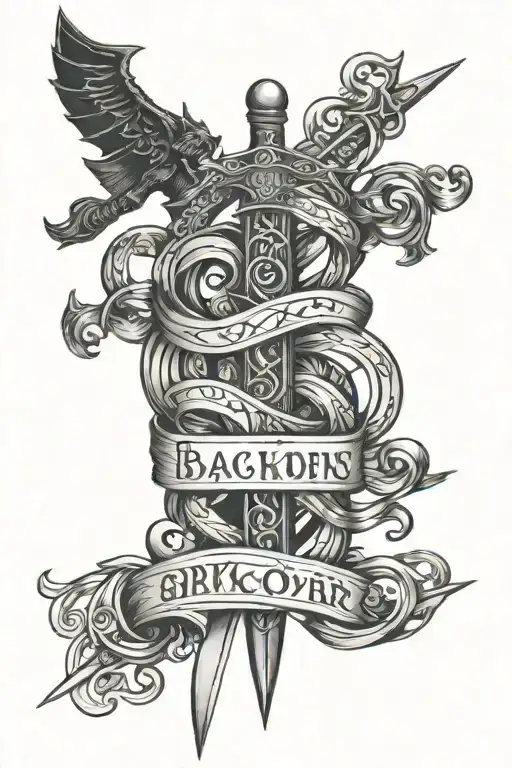 skill & sword intertwined with name written tattoo design idea