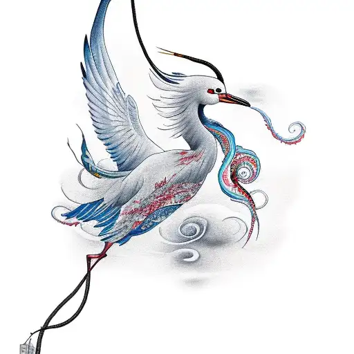 A realistic depiction of a Japanese crane soaring through the sky, with its wings transformed into a mesmerizing display of swirling jellyfish tentacles. tattoo design idea