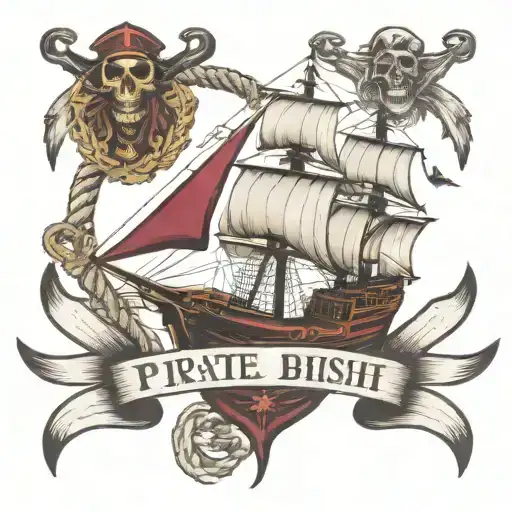 pirate ship, scroll at bottom with "Burgundy" on it,  anchors, rope, pistol tattoo design idea