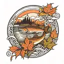 circle tattoo with Canadian maple leaf mountains and river bath, salmon and Pike tattoo design idea