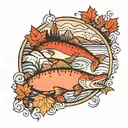 circle tattoo with Canadian maple leaf mountains and river bath, salmon and Pike tattoo design idea