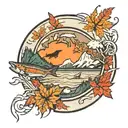 circle tattoo with Canadian maple leaf mountains and river bath, salmon and Pike tattoo design idea