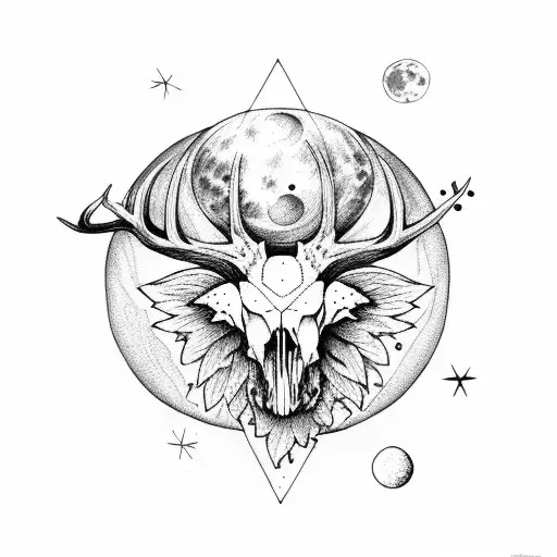 moon phases with deer skull and plants tattoo design idea