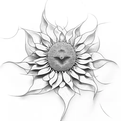 A dotwork tattoo of a sunflower blooming underwater with waves crashing around it tattoo design idea