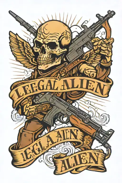 Design a tattoo that combines the phrase "legal alien" and an AK-47 tattoo design idea