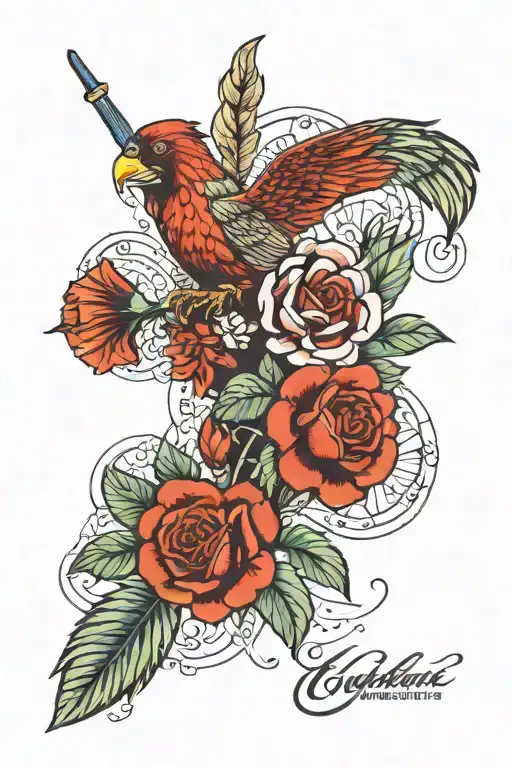 Design a tattoo that combines military elements with traditional French and Ukrainian patterns tattoo design idea