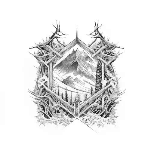 A cross-shaped window frame adorned with intricate forest and mountain designs tattoo design idea