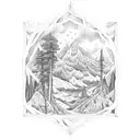 A cross-shaped window frame adorned with intricate forest and mountain designs tattoo design idea
