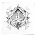 A cross-shaped window frame adorned with intricate forest and mountain designs tattoo design idea