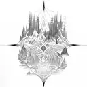 A cross-shaped window frame adorned with intricate forest and mountain designs tattoo design idea