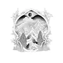 A cross-shaped window frame adorned with intricate forest and mountain designs tattoo design idea