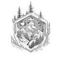 A cross-shaped window frame adorned with intricate forest and mountain designs tattoo design idea