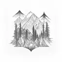 A cross-shaped window frame adorned with intricate forest and mountain designs tattoo design idea