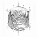 A cross-shaped window frame adorned with intricate forest and mountain designs tattoo design idea