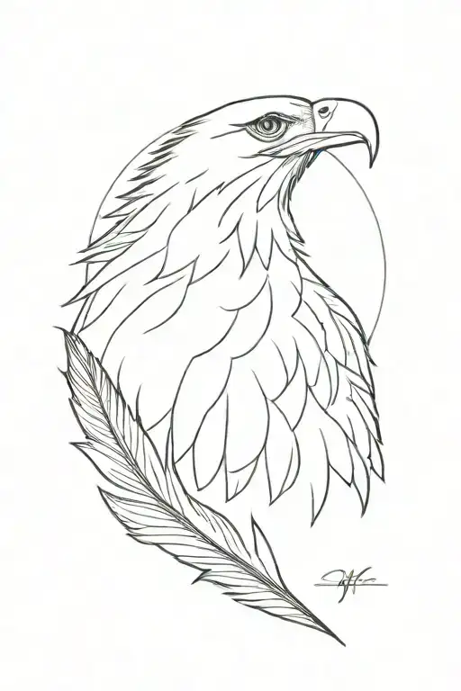 Eagle in profile, there is a feather, in the background: the sun, after it a waterfall and birds in the sky tattoo design idea