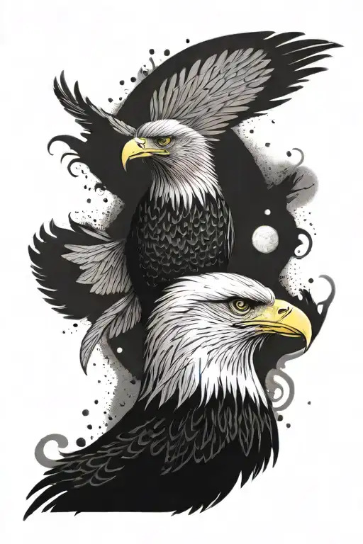Eagle in profile, there is a feather, in the background: the sun, after it a waterfall and birds in the sky tattoo design idea