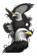 Eagle in profile, there is a feather, in the background: the sun, after it a waterfall and birds in the sky tattoo design idea