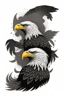 Eagle in profile, there is a feather, in the background: the sun, after it a waterfall and birds in the sky tattoo design idea