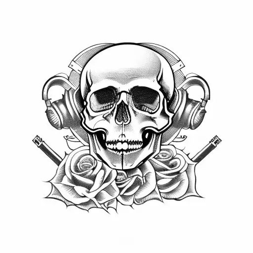 Skull with guns, roses, and music notes tattoo design idea