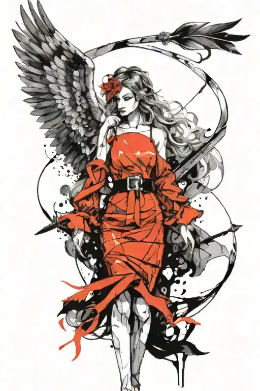 A modern angel girl in a dress with a ribbon over her eyes. in the hands of a sword and scales. A sketch. Drawing with l tattoo design idea