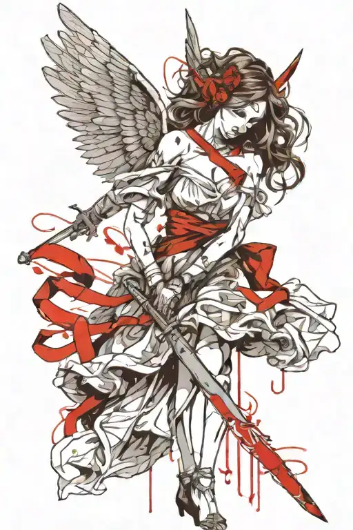 A modern angel girl in a dress with a ribbon over her eyes. in the hands of a sword and scales. A sketch. Drawing with l tattoo design idea