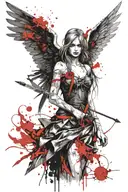 A modern angel girl in a dress with a ribbon over her eyes. in the hands of a sword and scales. A sketch. Drawing with l tattoo design idea