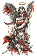 A modern angel girl in a dress with a ribbon over her eyes. in the hands of a sword and scales. A sketch. Drawing with l tattoo design idea