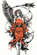 A modern angel girl in a dress with a ribbon over her eyes. in the hands of a sword and scales. A sketch. Drawing with l tattoo design idea