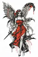 A modern angel girl in a dress with a ribbon over her eyes. in the hands of a sword and scales. A sketch. Drawing with l tattoo design idea