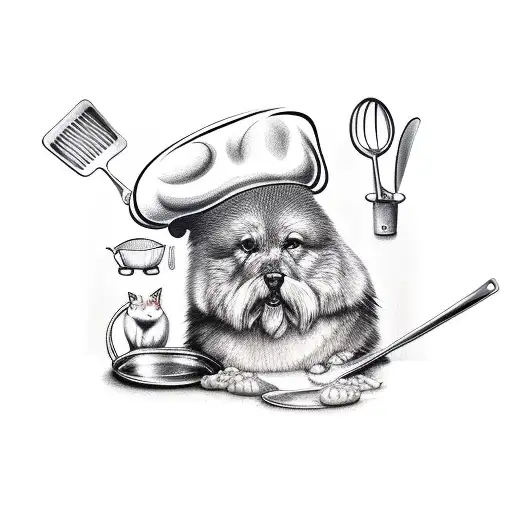 A realistic depiction of a chef's hat and utensils surrounded by animals, showcasing the client's passion for cooking and love for animals tattoo design idea