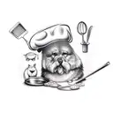 A realistic depiction of a chef's hat and utensils surrounded by animals, showcasing the client's passion for cooking and love for animals tattoo design idea