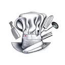 A realistic depiction of a chef's hat and utensils surrounded by animals, showcasing the client's passion for cooking and love for animals tattoo design idea
