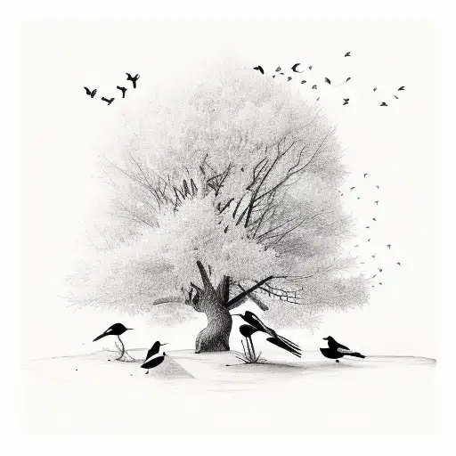 an acoustic guitar with tree branches and birds tattoo design idea