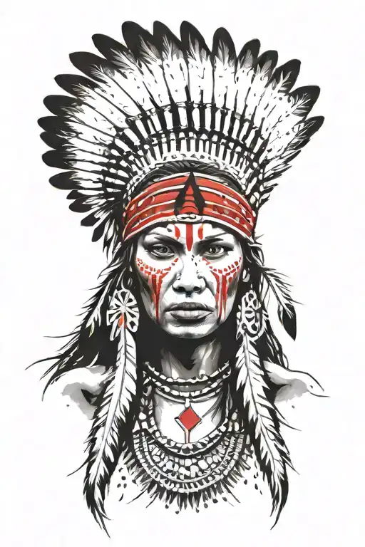 young American Indian woman with head dress looking straight. red paint across middle of face tattoo design idea