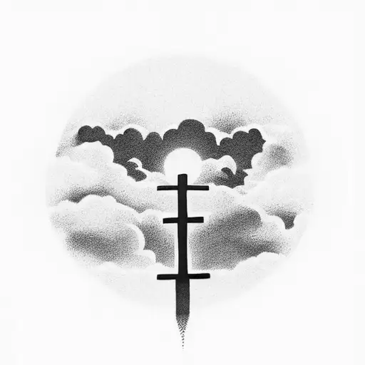 A silhouette of a power lineman against a sunset sky, with a cross in the background tattoo design idea