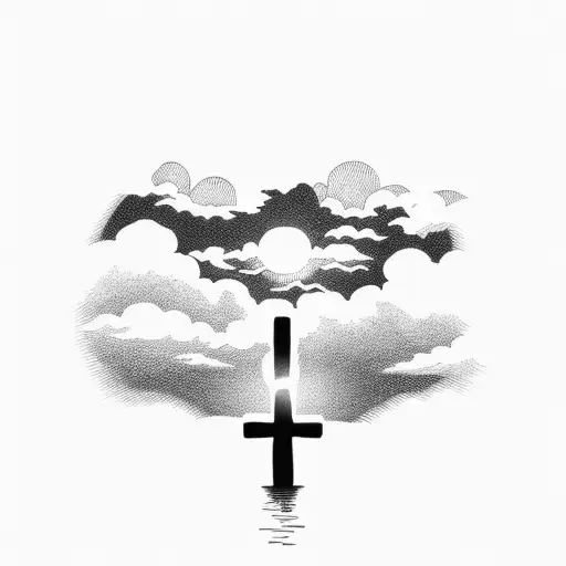 A silhouette of a power lineman against a sunset sky, with a cross in the background tattoo design idea