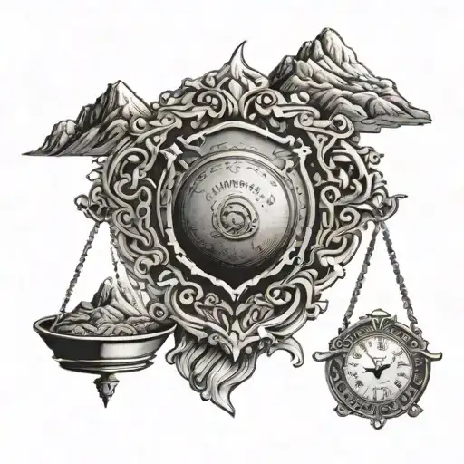 set of scales, with a shield in the pan of the scale on one side of the scales. and a mountain in the pan of the scales  tattoo design idea