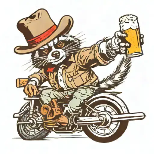 racoon riding a gbu-31 version 3 bomb with a cowboy hat on and a beer in his hand like he's riding a bull  tattoo design idea