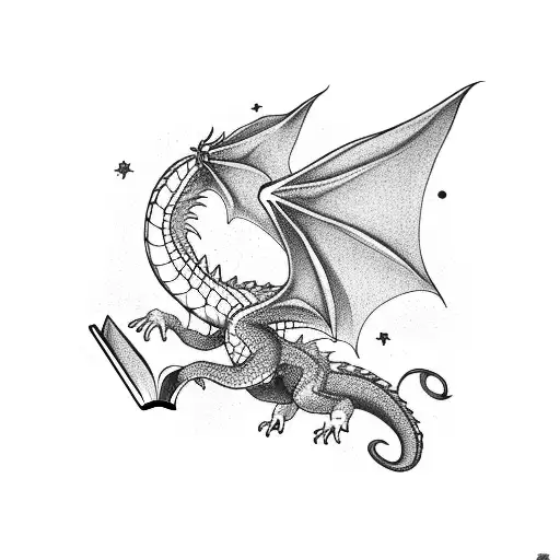 dragon emerging from a book and flying towards the stars tattoo design idea