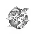 dragon emerging from a book and flying towards the stars tattoo design idea
