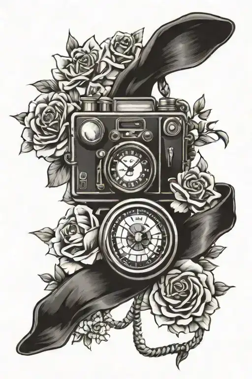 add to marathon medal camera and flowers tattoo design idea
