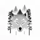 pine tree forest hiding wolf silhouette tattoo design idea