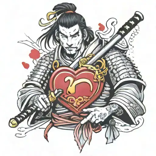samurai warrior holding a sword piercing a heart shaped lock tattoo design idea