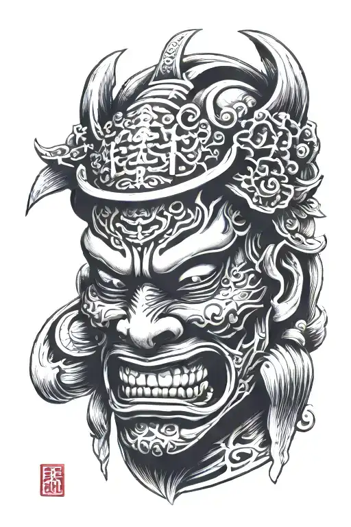 japanese samurai mask on knee cap tattoo design idea