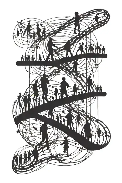 multiple small people walking on lines that represent life each at different stages sometimes intersecting tattoo design idea
