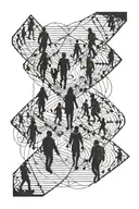 multiple small people walking on lines that represent life each at different stages sometimes intersecting tattoo design idea