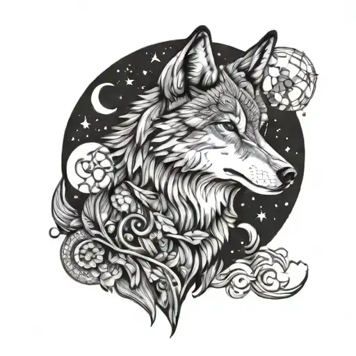Design a blackwork tattoo of a wolf howling at the moon with subtle Turkish elements tattoo design idea